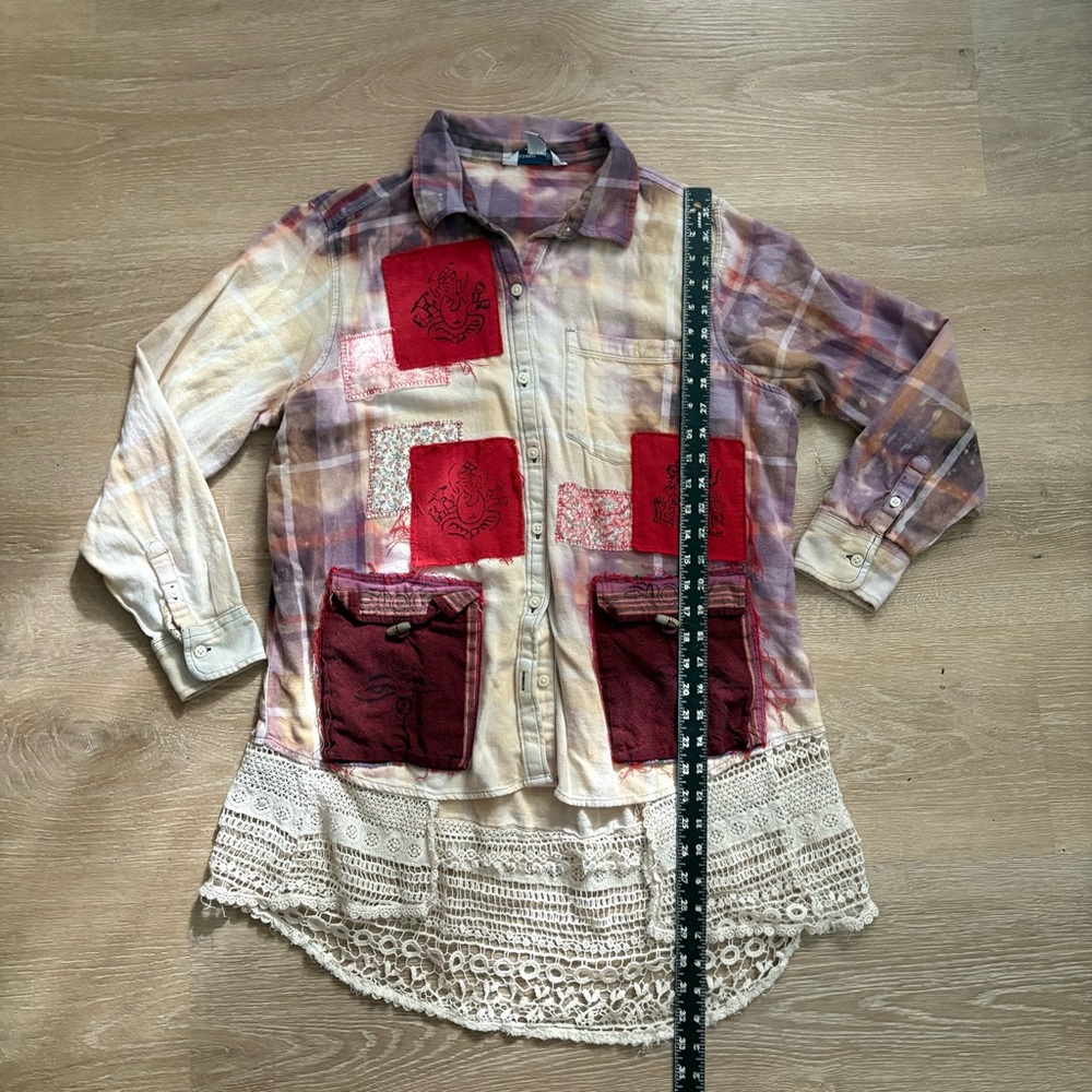 Grateful Dead Upcycled Bleach Distressed Flannel with Crochet Hem - Picture 10 of 15
